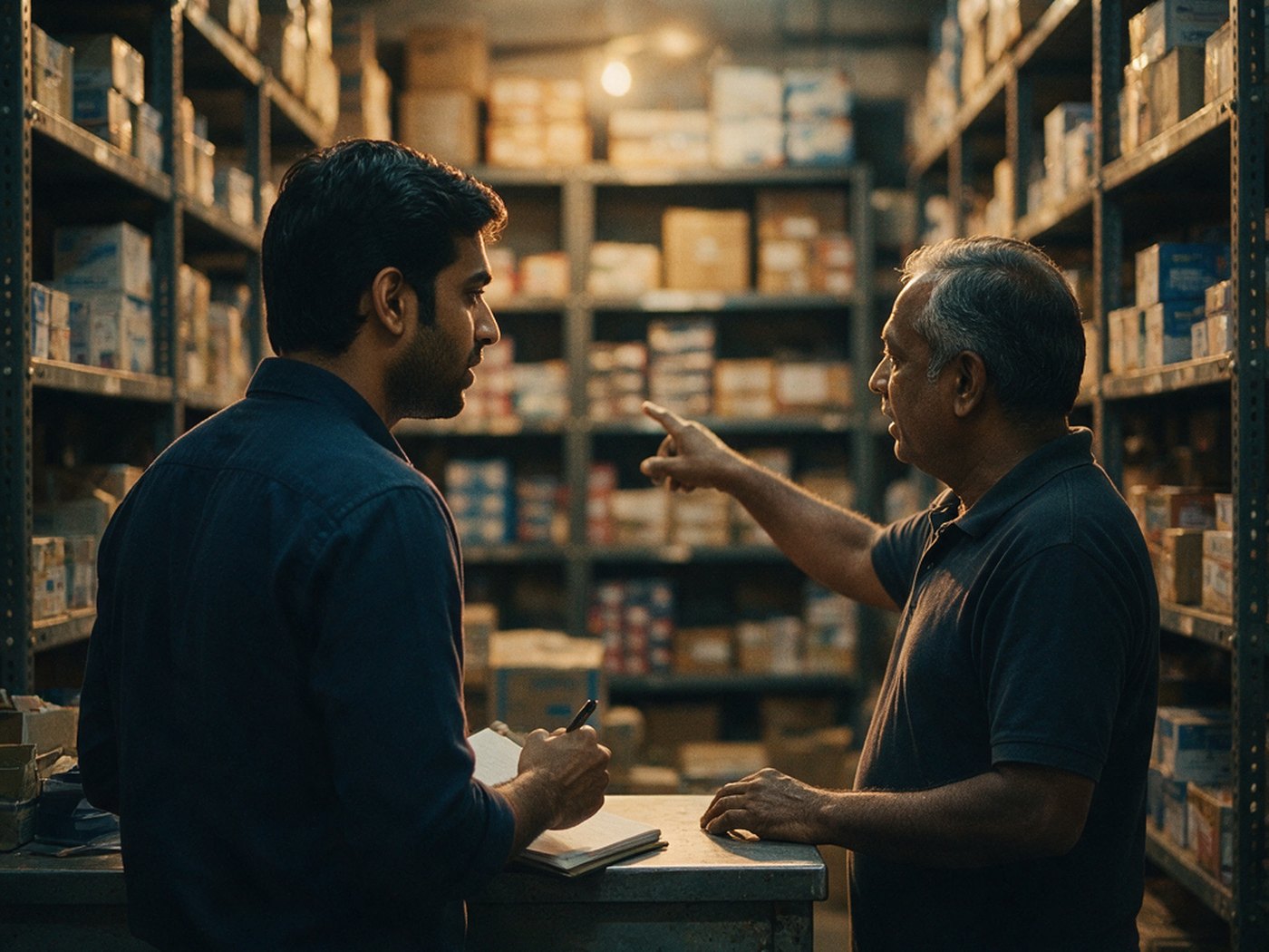 An Indian analyst taking notes at a distributor’s counter while the owner points out stock on the racks behind him