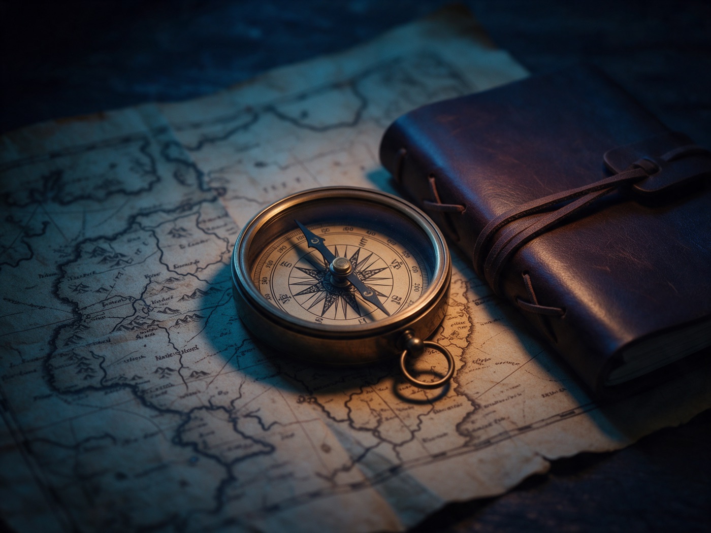 An antique brass compass resting on an old parchment map