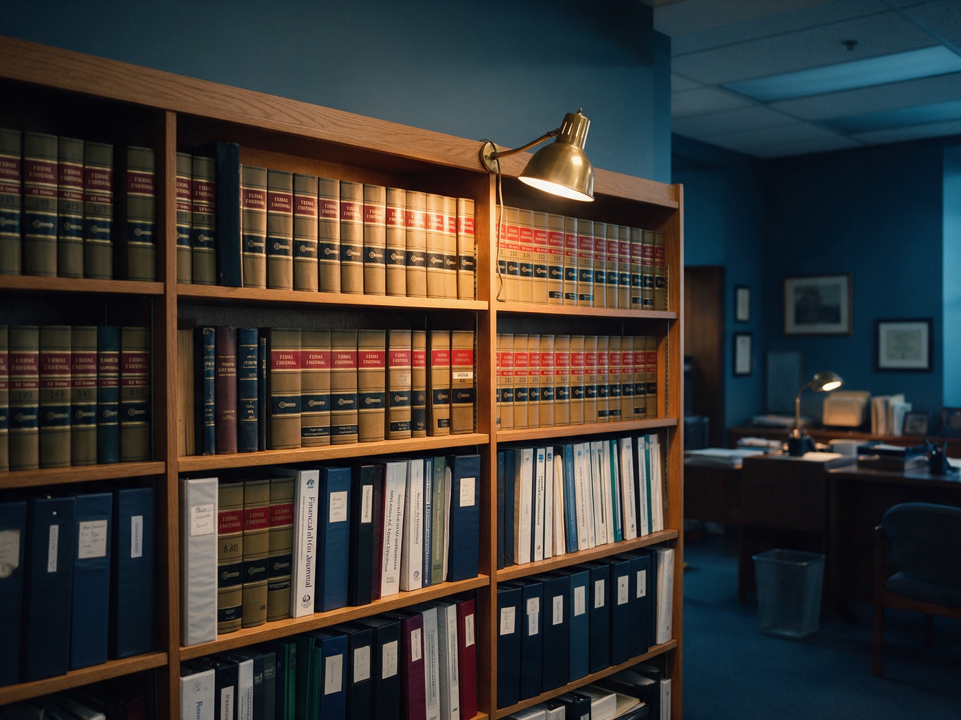 A wooden bookshelf of financial ledgers and journals