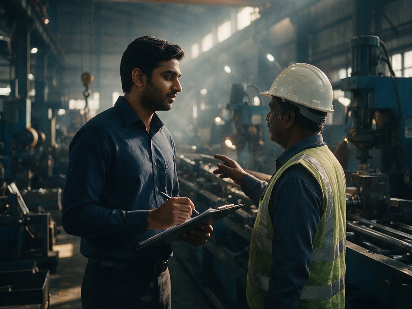 An Indian equity analyst with a clipboard on a factory floor, talking to a plant supervisor beside the production line