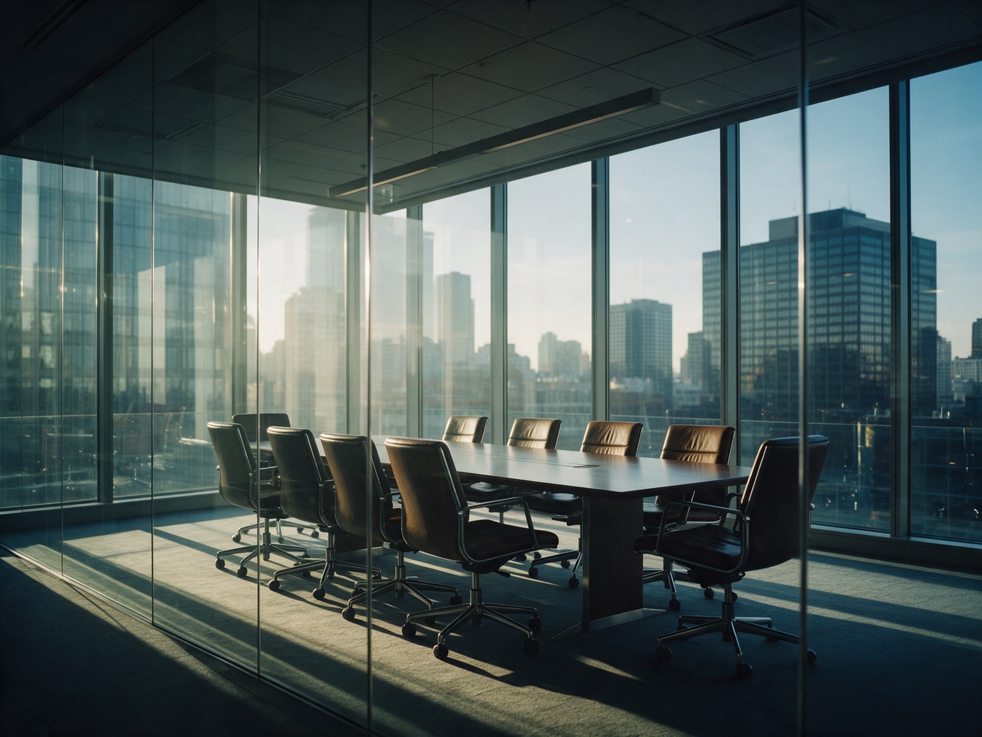 An empty glass-walled boardroom overlooking a city skyline