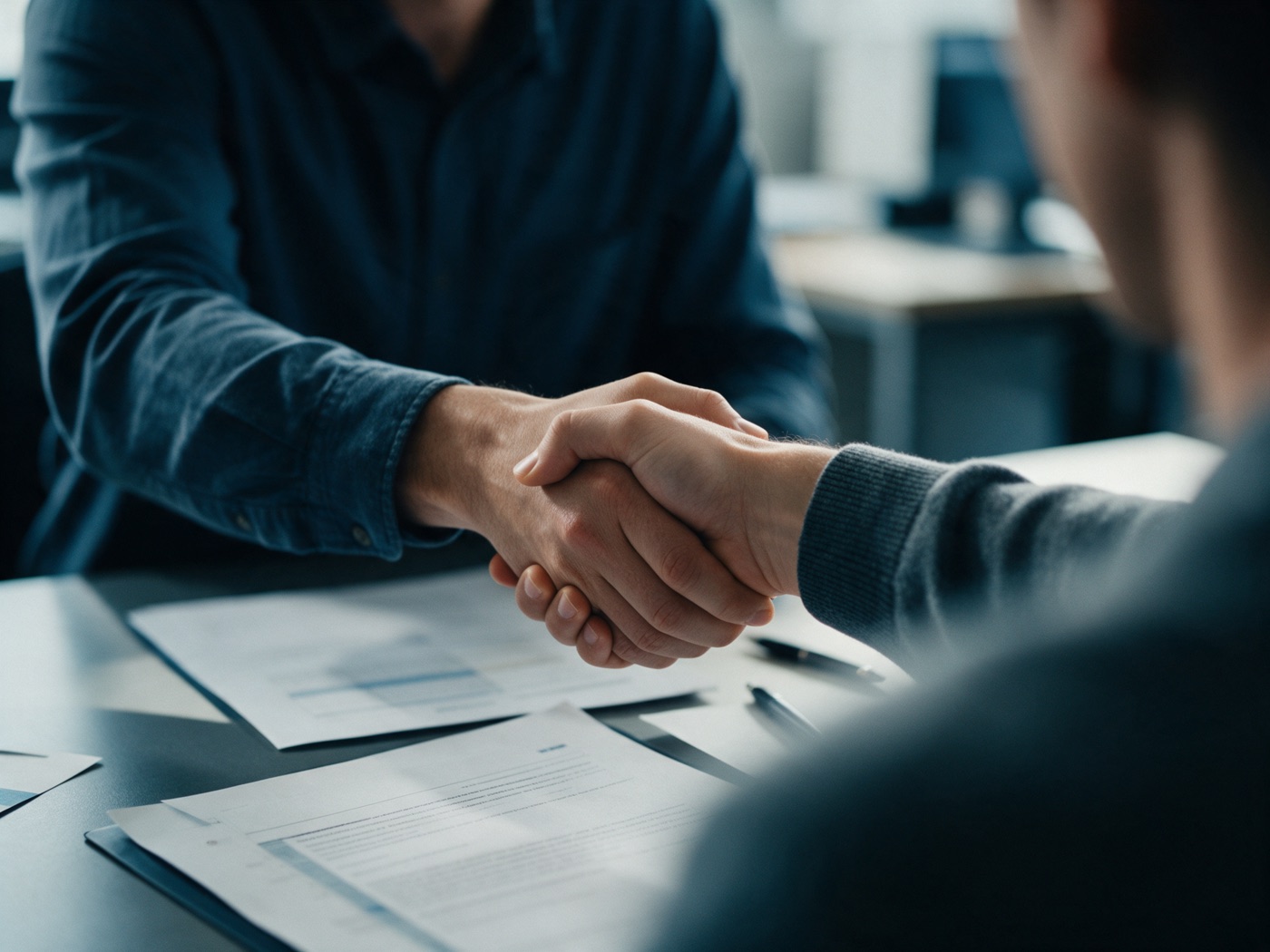 Two people shaking hands over documents, faces out of frame