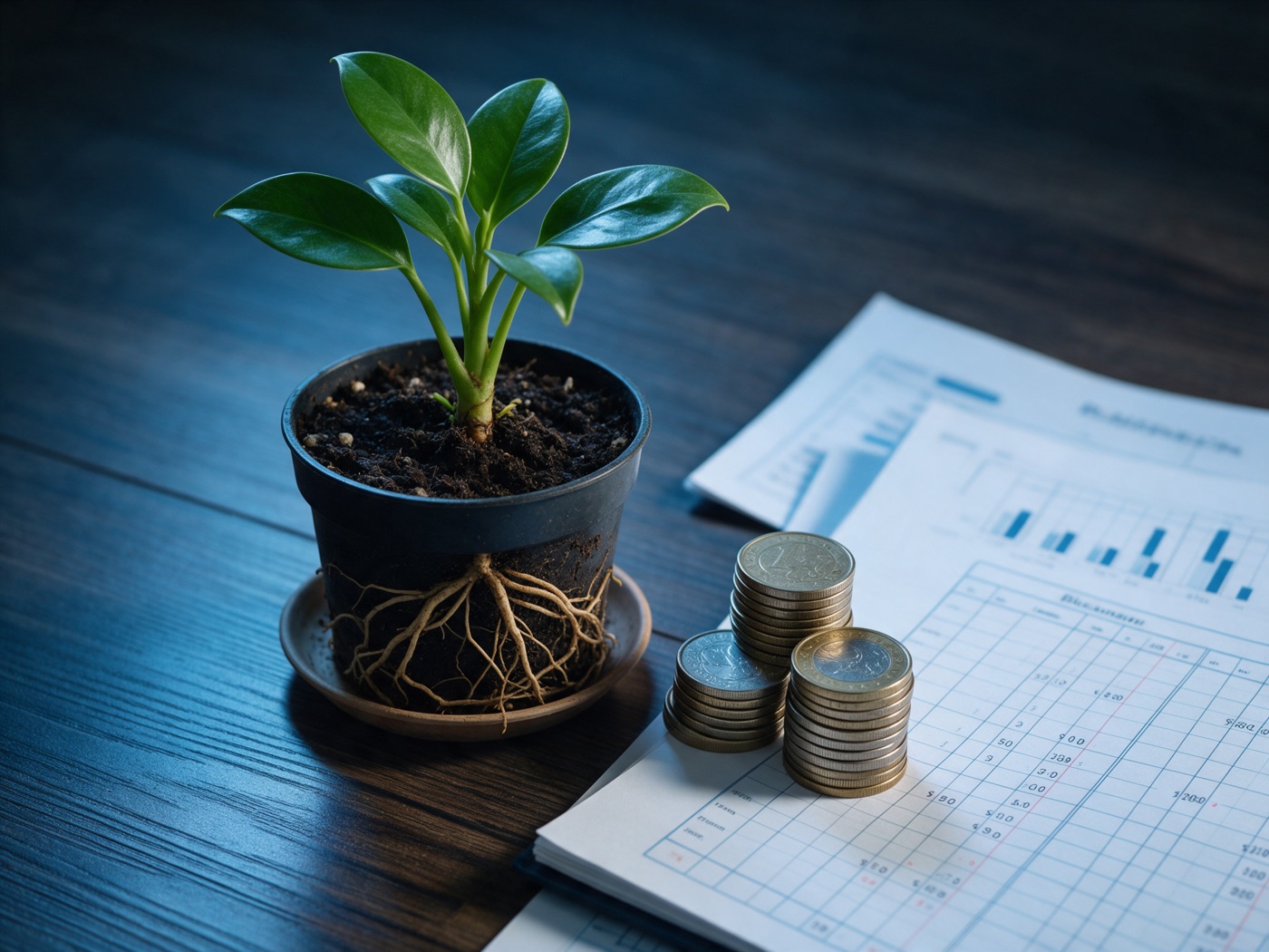 A potted plant with strong roots beside a stack of coins
