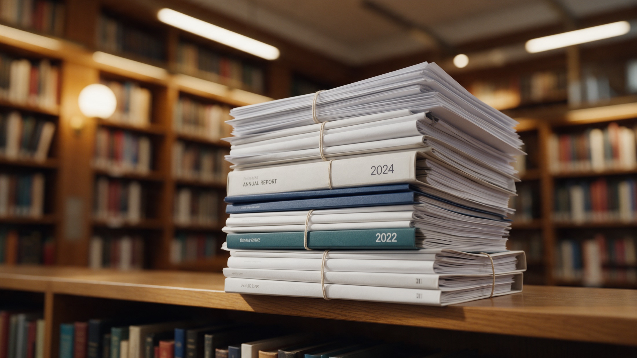 Stacked bound annual reports on a shelf