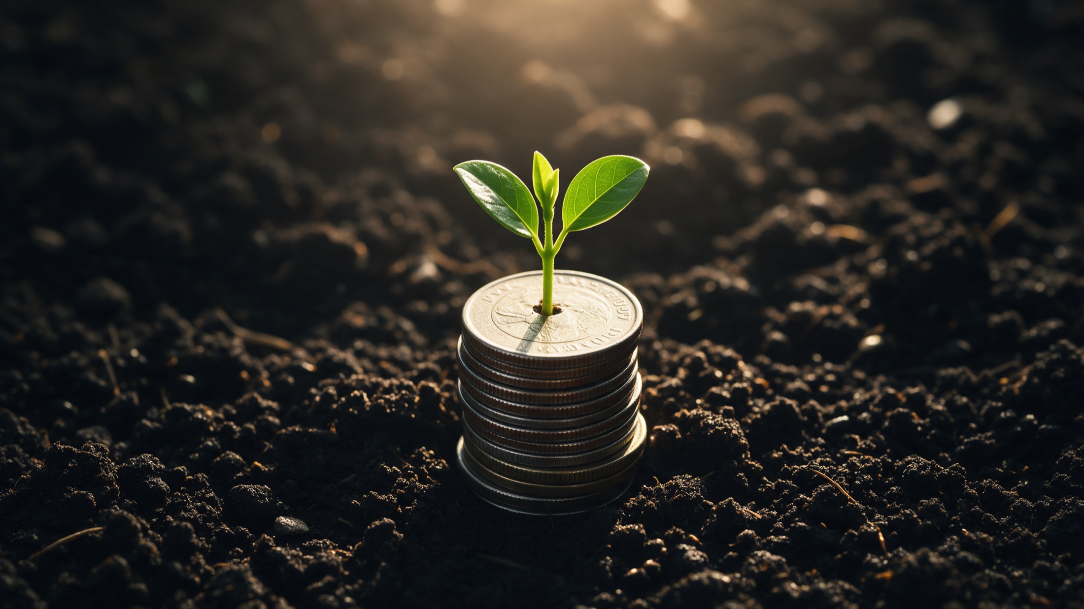 A sapling sprouting from a stack of coins