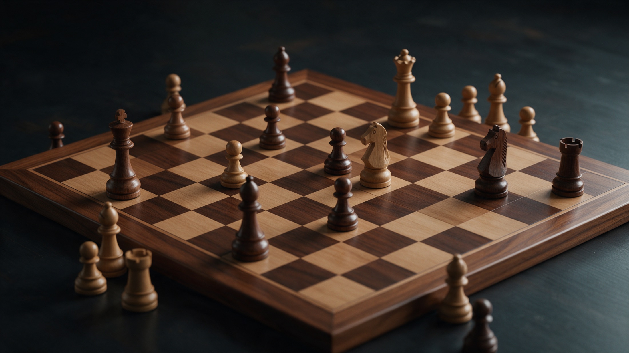 A wooden chessboard mid-game