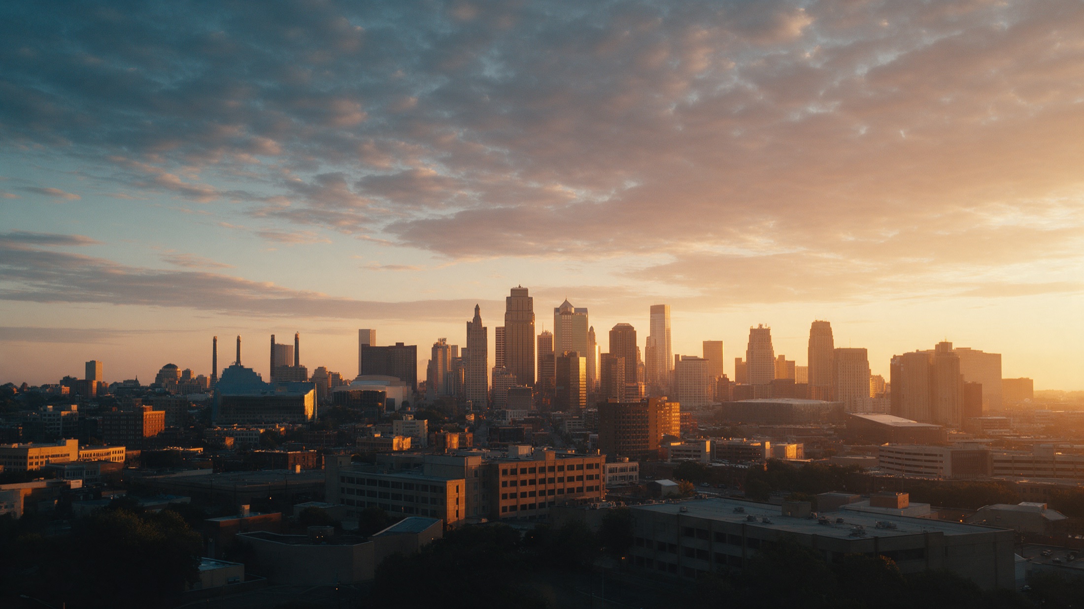 A city skyline of varied heights at sunrise