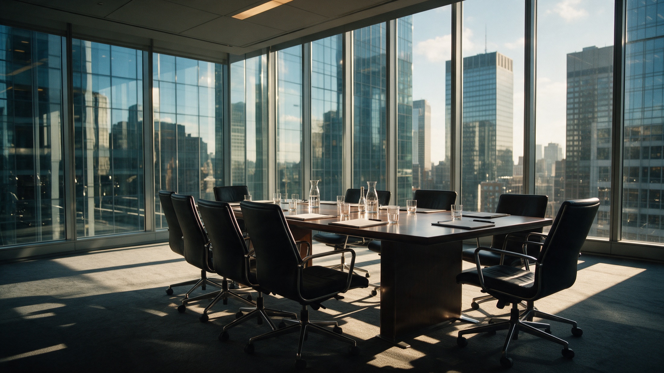 A boardroom overlooking a city skyline
