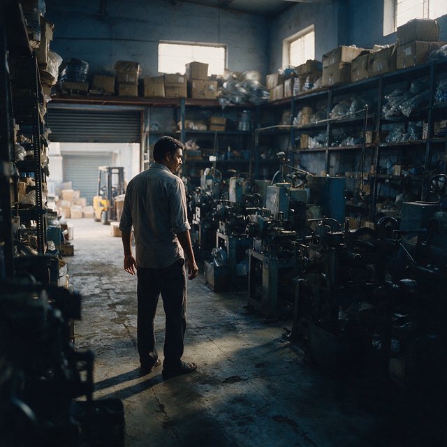 An owner on the floor of his own manufacturing unit, looking along a row of working machines