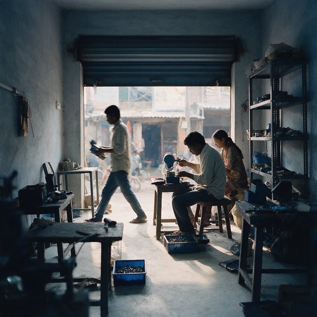 Two people at work in a small early-stage workshop unit