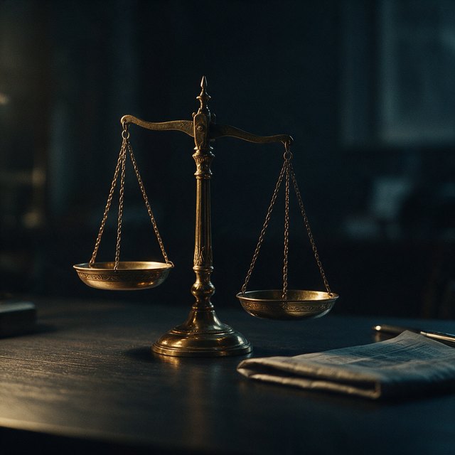 A brass balance scale on a dark desk, one pan clearly lower than the other