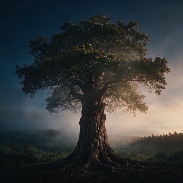 A single mature tree with deep roots standing alone in morning mist