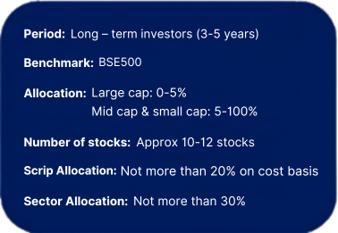 Strategy Construct: Period - Long-term investors 3 to 5 years, Benchmark - BSE500, Allocation - Mid cap and small cap 97 to 98 percent, Number of stocks - Approximately 10 to 12 stocks, Scrip Allocation - Not more than 10 percent, Sector Allocation - Not more than 20 percent